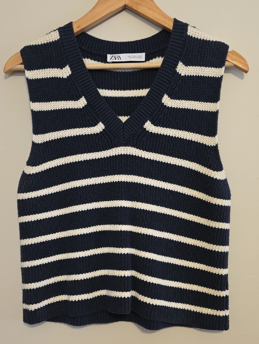 Zara Navy and Cream Striped V-Neck Sweater Vest